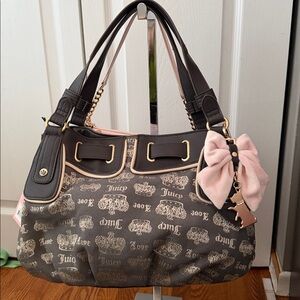 Juicy Couture Gray Logo Shoulder Bag with Black Trim & Pink Bow